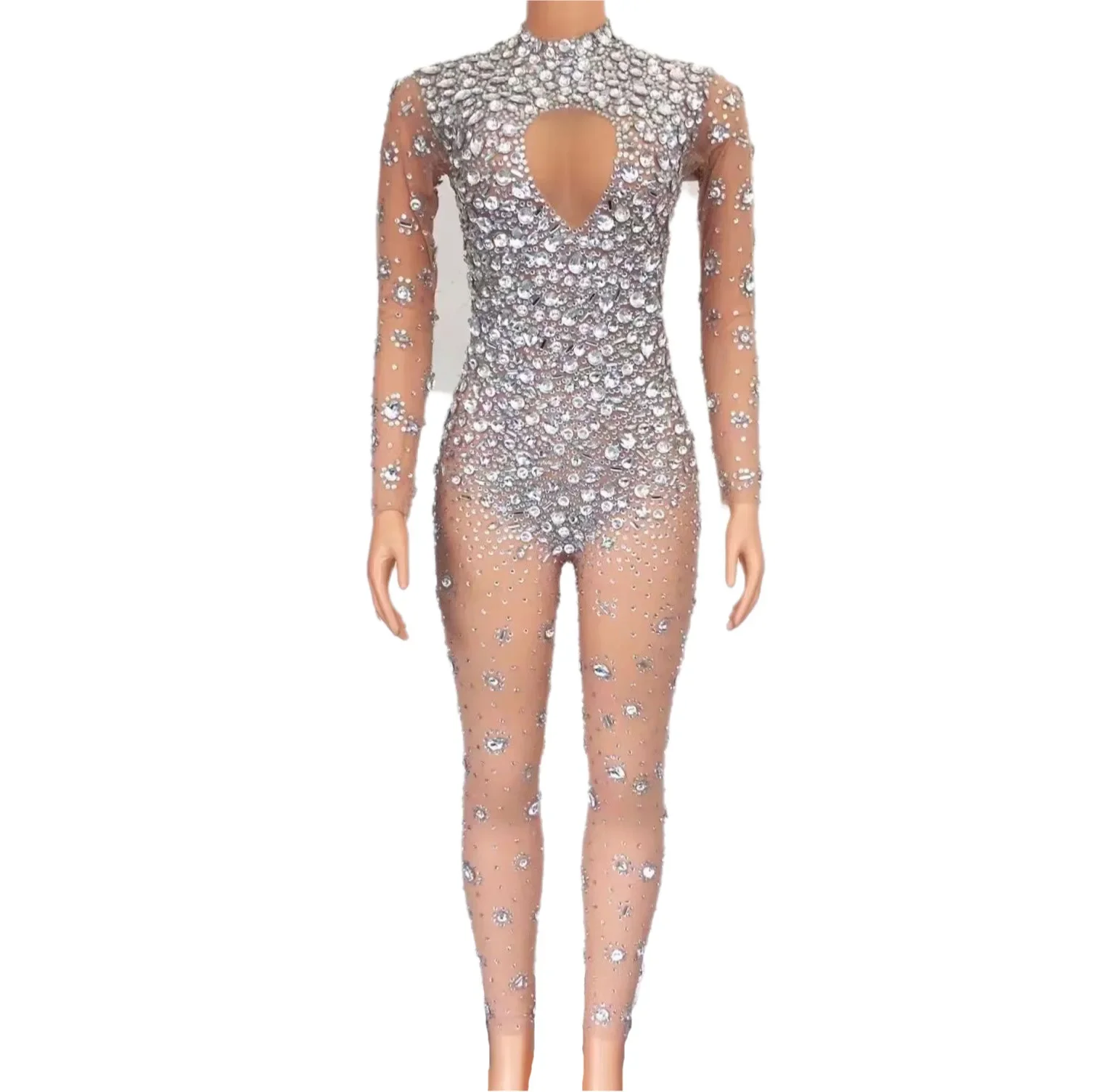 

Nude Shining Rhinestones Crystal Sexy Long Sleeves Jumpsuits For Women Nightclub Party Clothing Prom Pole Dance Costumes