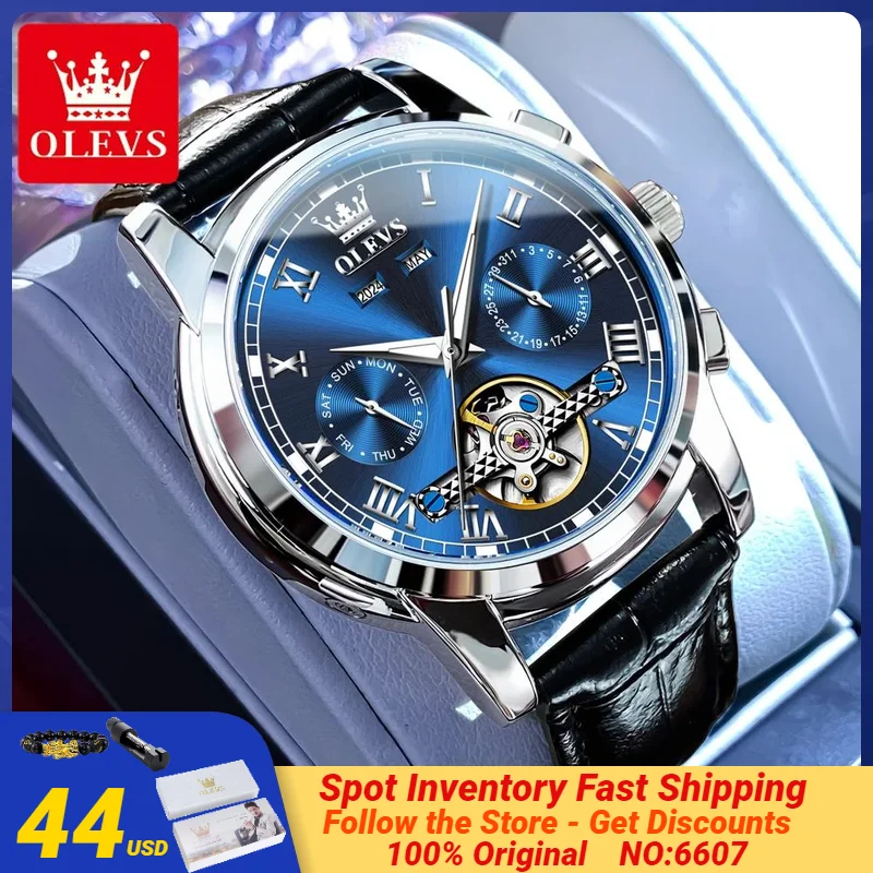 OLEVS 6607 Men\'s Watches Original Top Brand Classic Date Display Leather Strap Casual High Quality Stainless steel Wristwatches