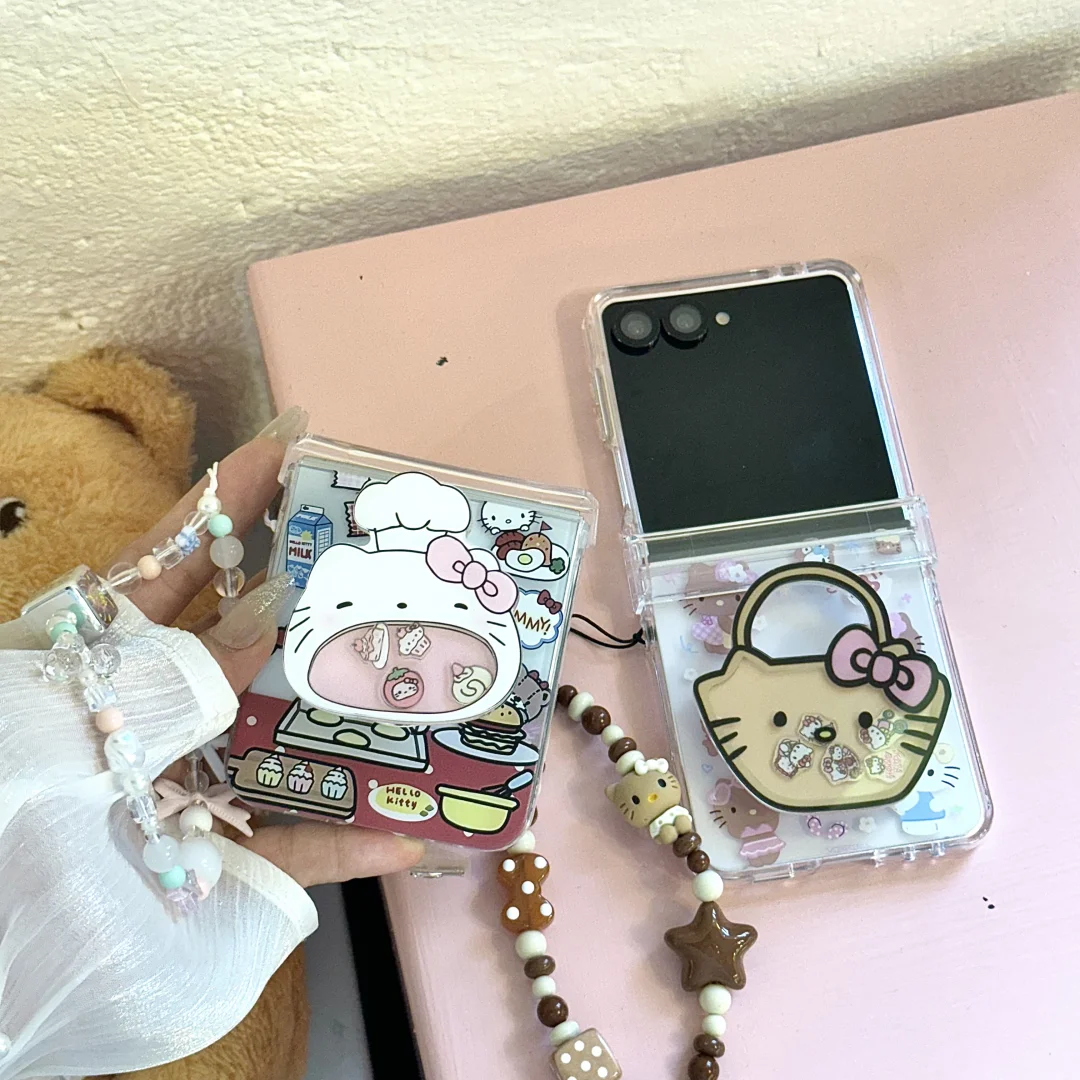 3D 귀여운 만화 헬로키티 비치 섹시 폰 케이스 삼성 갤럭시 Z 플립 7 FE 6 5 4 3 커버 (끈 및 홀더 포함)