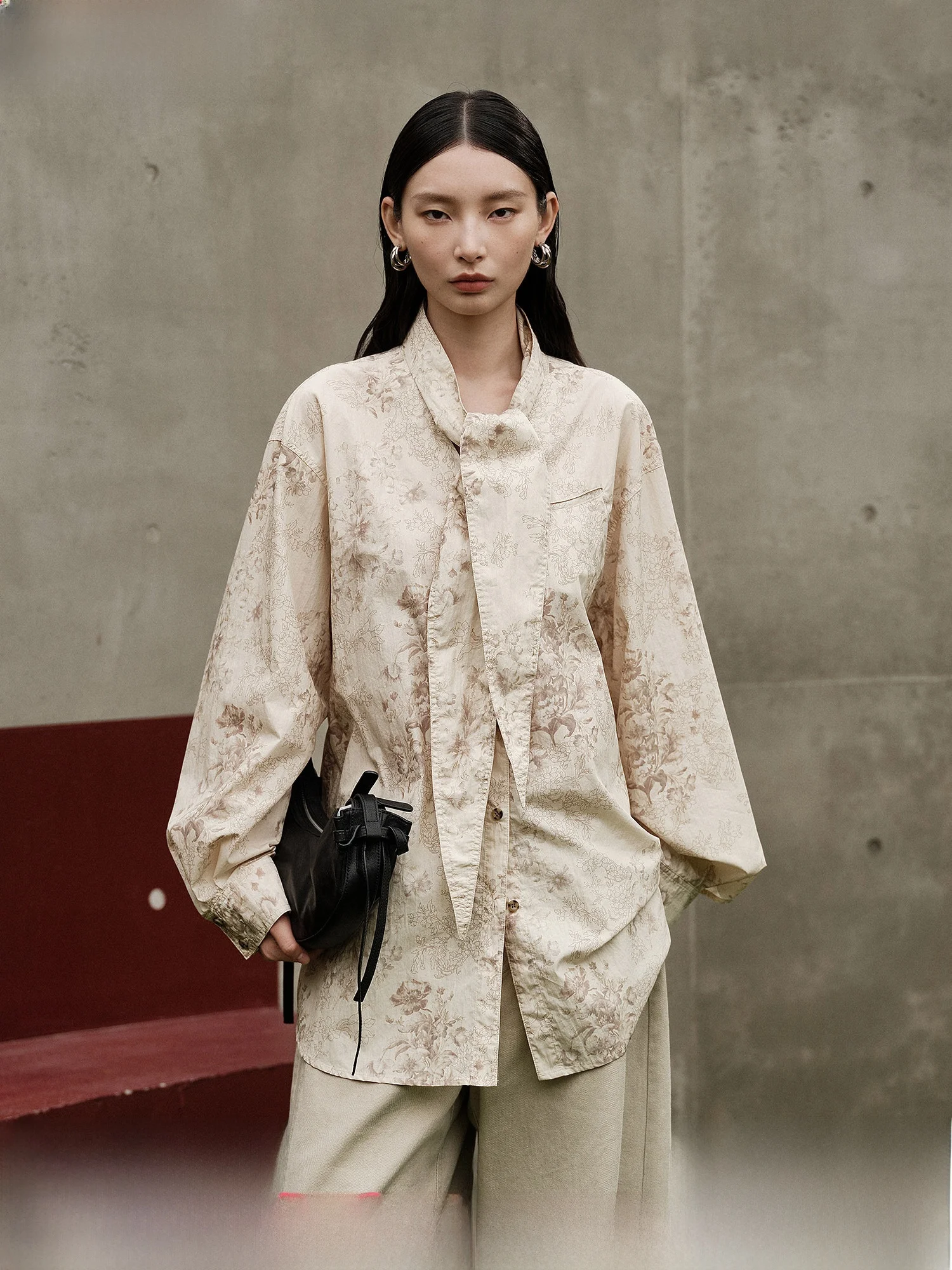 

Ele Floral Print irt Women's Spring New Sle Artistic Retro Tie Ne Long Sve Cotton Blend Casual Loose Top