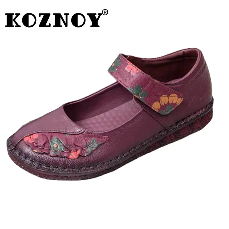 Koznoy 3cm Retro Ethnic Summer Autummn Round Toe Genuine Leather Print Womenbig Size Soft Flats Loafers Shallow Hook Hollow Shoe