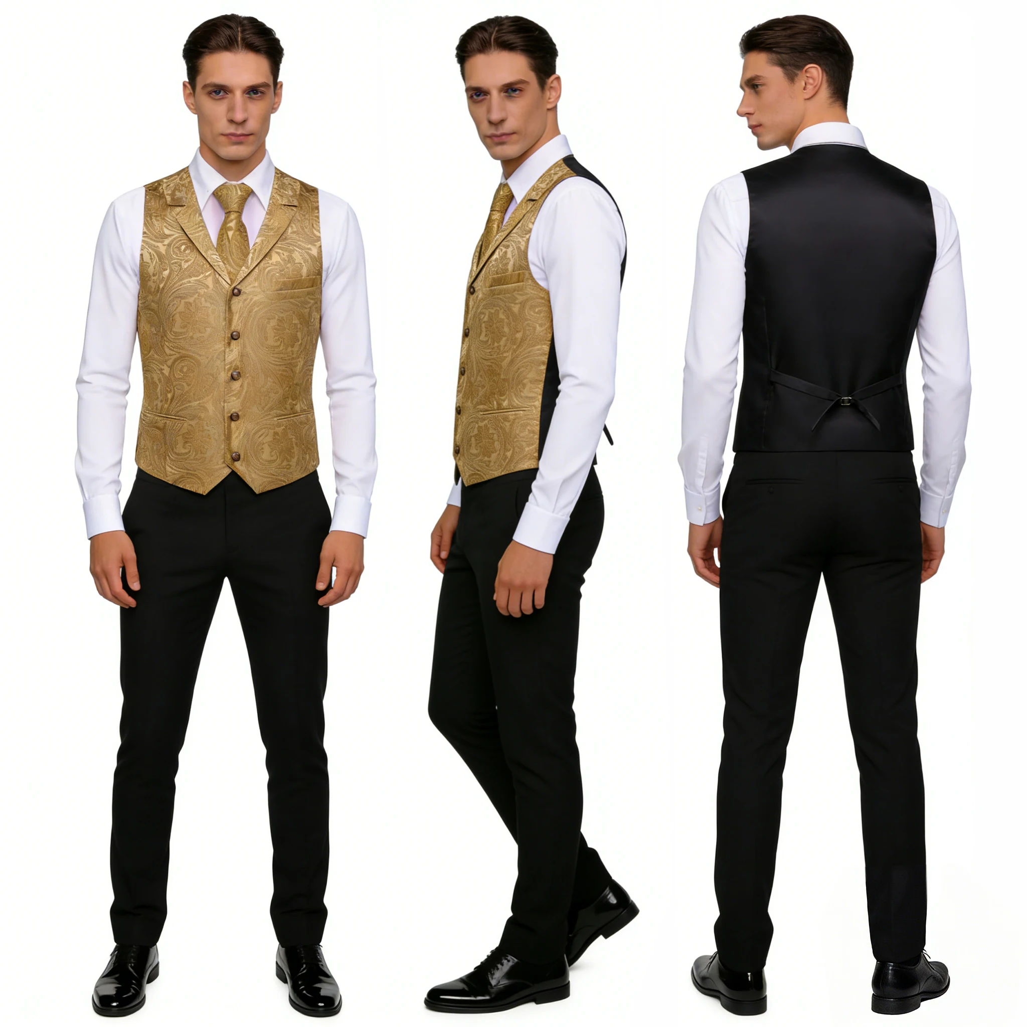 Men's Formal Half Notch Lapel Waistcoat Woven Jacquard Floral Paisley Suit Vest with Tie Pocket Square Wedding Party Business