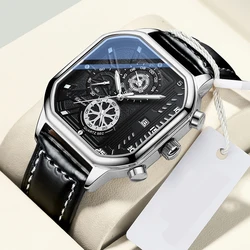 2023 Fashion Men Watch Square Dial Black Leather Chronograph Quartz Wristwatches Sports Casual Waterproof Watches For Men CHENXI