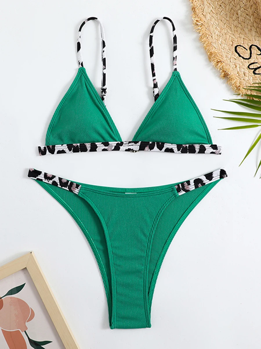 Bikini triangular liso con tirantes de leopardo para mujer, traje de baño Sexy, ropa de playa, 2024