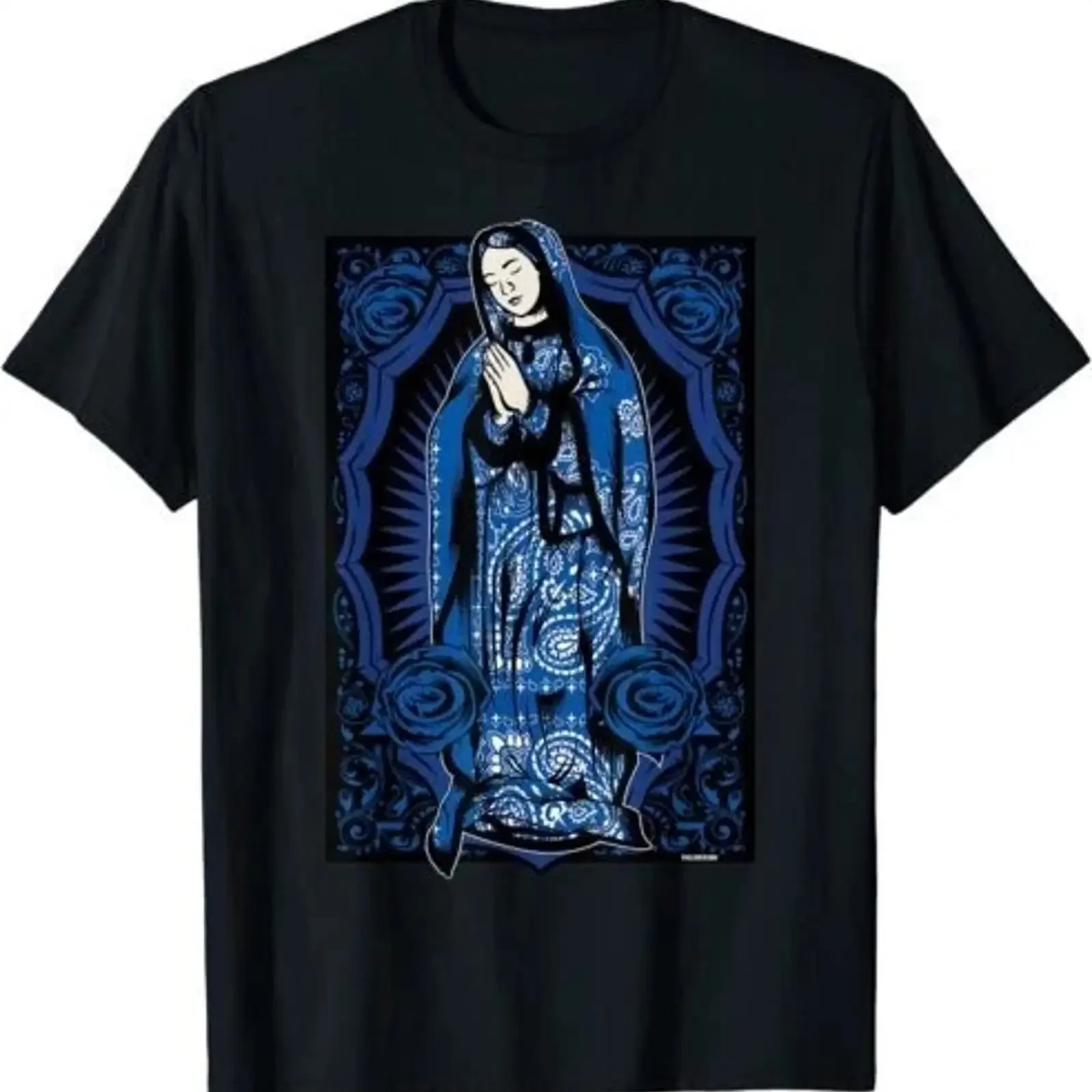 NEW LIMITED EDITION Virgin Mary Mexican Blanket Art Blue Bandana Print Chicano T Shirt vintage Washed Breathable Soft Slightly