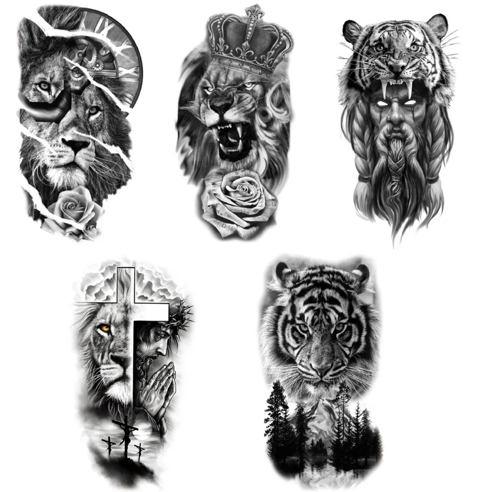 Etiqueta temporária impermeável do tatuagem, floresta, leão, tigre, urso, flash, leopardo, lobo, coroa, arte corporal, braço, falsificação, homens,