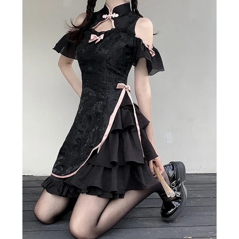 Kwjet Vrouwen Vintage Jurk Cheongsam Lieve Slanke Y 2K Lolita Gothic Meisjes Casual Nieuwe Mode Harajuku Sexy Esthetische Vrouwelijke Jurk