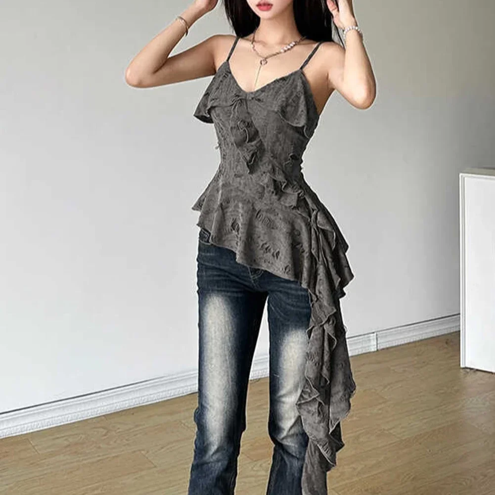 

Commuting Style Slim Fit Vest Gray Summer Top Distressed Streetwear Camisole Crochet Gray No Collar Neckline Polyester Fabric