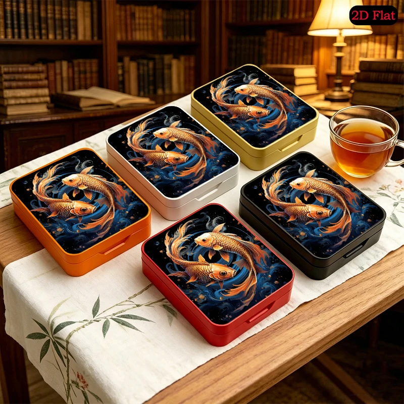 Orange Koi Yin-Yang Theme Portable Square Flip Top Tin Box, UV Printed Custom Pattern Tinplate Box, Anti-rust Metal Tin Box
