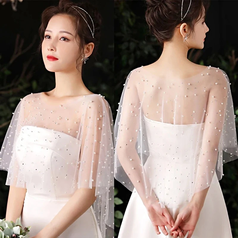 

Women Pearls Sheer Tulle Bridal Wrap Shawl Lace Mesh Cover Up Cape Wedding Wedding Jacket Wraps Elegant Bride Dress Accessories