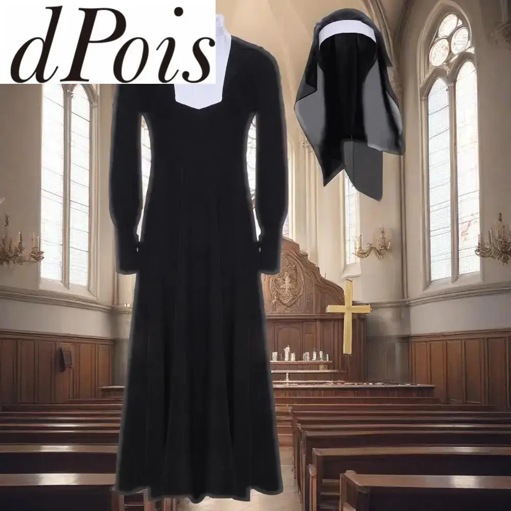 Детский костюм монахини для девочек, карнавальный костюм на Хэллоуин, платье с длинными рукавами, халат с вуалью, христианская католическая религия, миссионерское праздничное платье