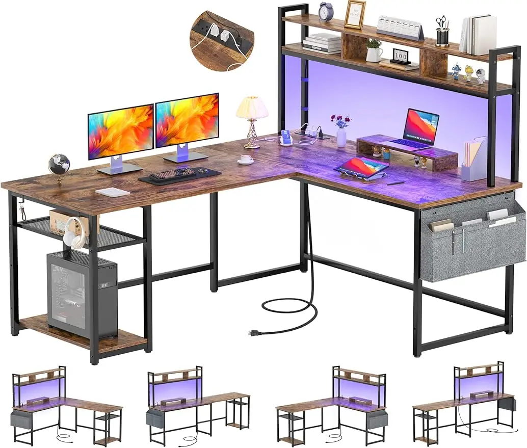 Aheaplus meja berbentuk L dengan Strip LED & Outlet, meja komputer sudut berbentuk L dapat dibalik, Meja game dengan rak penyimpanan