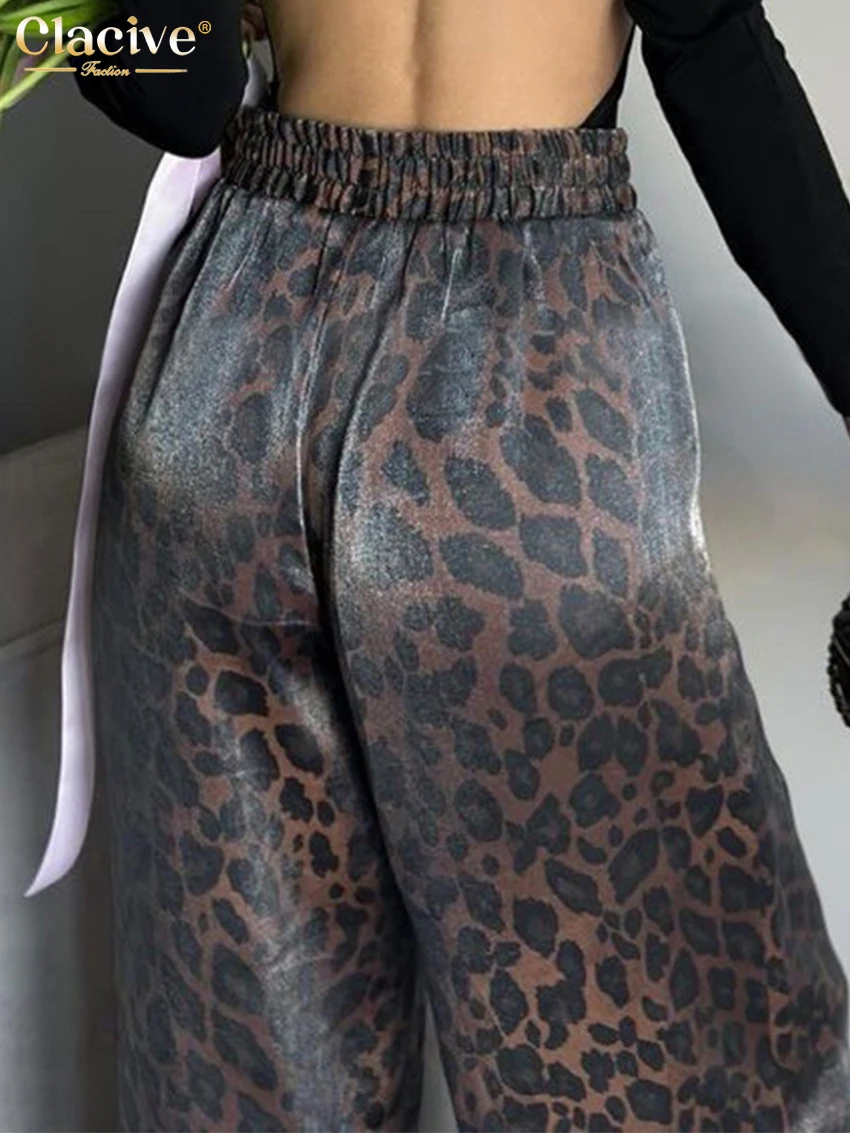 Clacive Fashion Loose Leopard Print Women\'s Pants 2024 Vintage High Waist Wide Pants Elegant Classic Full Length Trousers Female