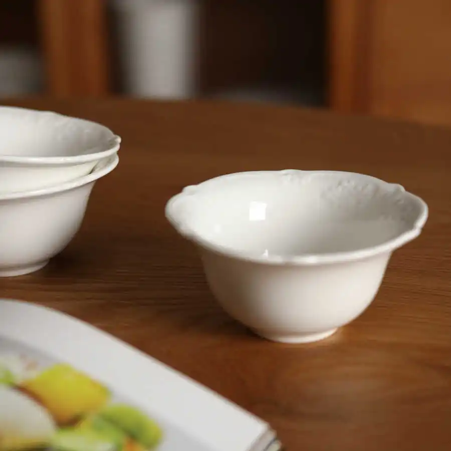 Französische Keramik-Joghurtschüssel, zartes Relief, gedämpfte Eierschalen, weiße Dessert-Frühstücksschüssel, für Zuhause, Hot Pot Dip-Schüsseln