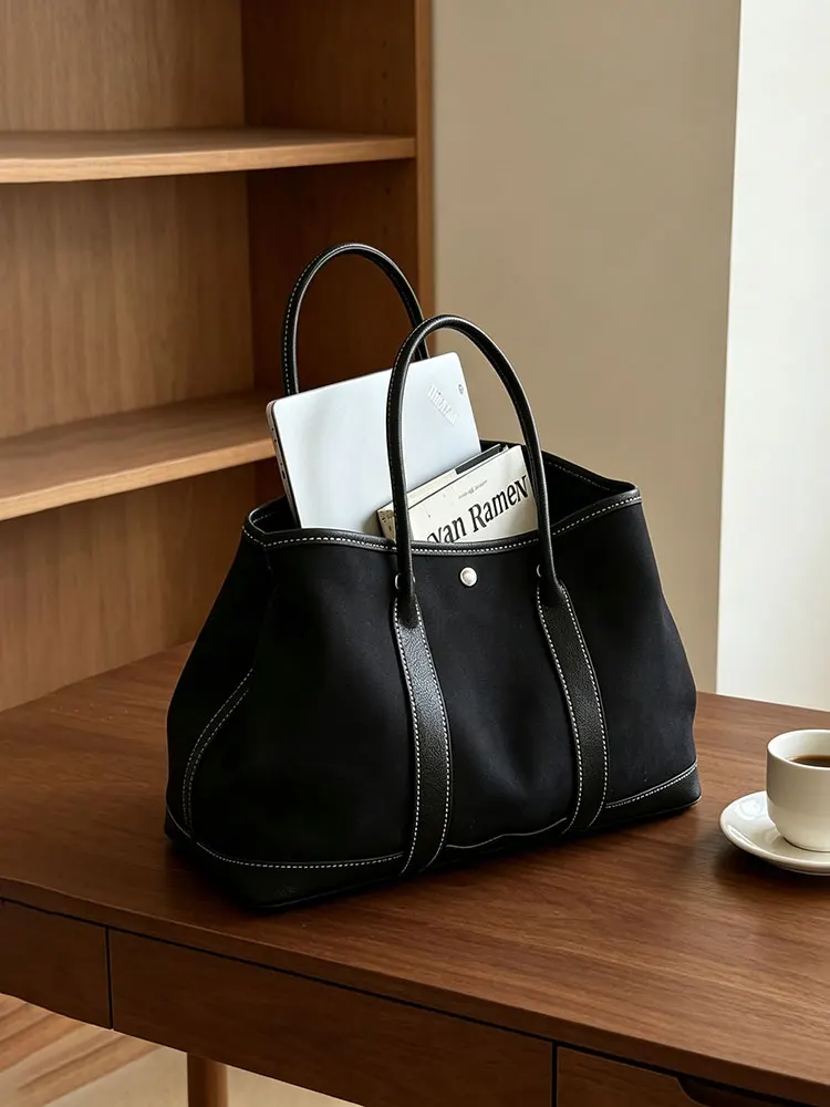 

Black Linen Canvas Tote Bag Women's 2026 New High-End Commuter Garden Handbag Soft Shoulder Handle PU Leather Crossbody Bag