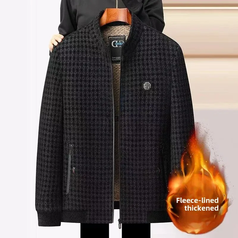 Thickened Fleece-Lined Casual Woolen Overcoat Jacket For Middle-Aged Men Stand Collar Chenille Fleece Lining Winterwear