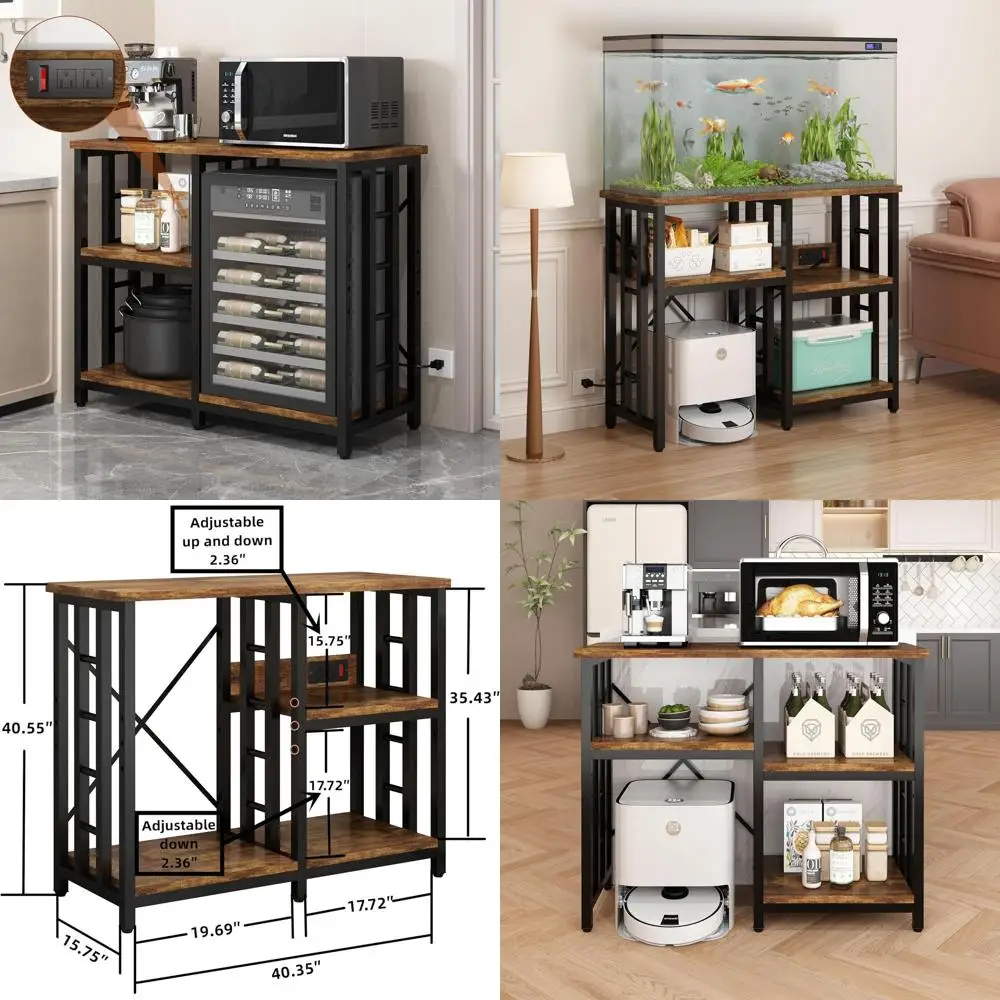 Multi-Tier Kitchen Storage Rack with Outlet, Mini Fridge & Microwave Stand, 5-Tier Coffee Table, 20-29-37 Gallon Fish Tank Stand