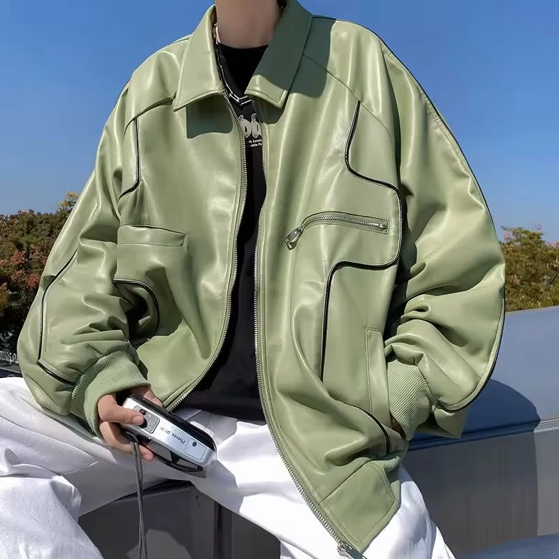 

Spring Autumn Leather Men's Lapel Zipper Tops Men Clothing Loose Solid Retro Casual Pu Leather Coat Mens