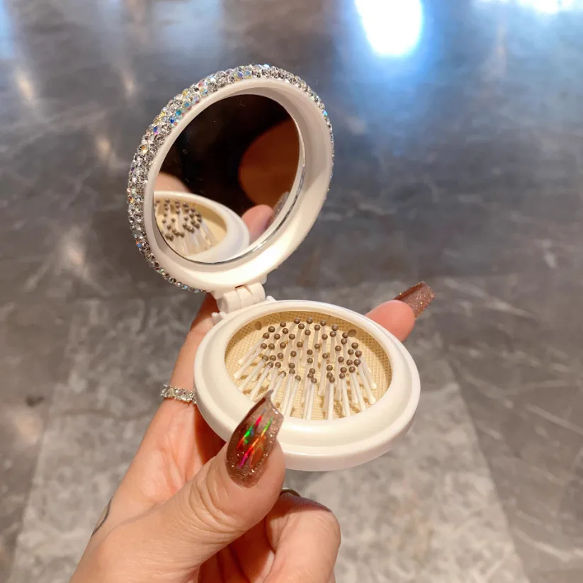 Mini masajeador de cabeza plegable, bolsa de aire de dibujos animados, peine de pelo, cojín de aire con espejo de maquillaje, diamantes de imitación, herramienta de peinado portátil