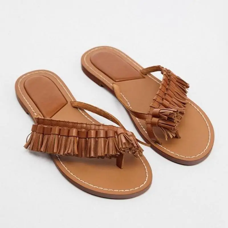 

2024 Summer Women's Flats Slippers Shoes Woven Tassel Sandals Women Casual Bohemian Flat Roman Sandals Flip Flops Beach Shoe