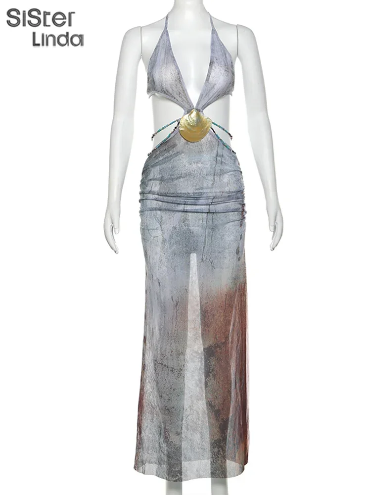 Sisterlinda Summer Release Junior Mid-Calf High Street Transparent Dress K24D48880 Girl Solid Halter Cleavage Hollow Out Robe