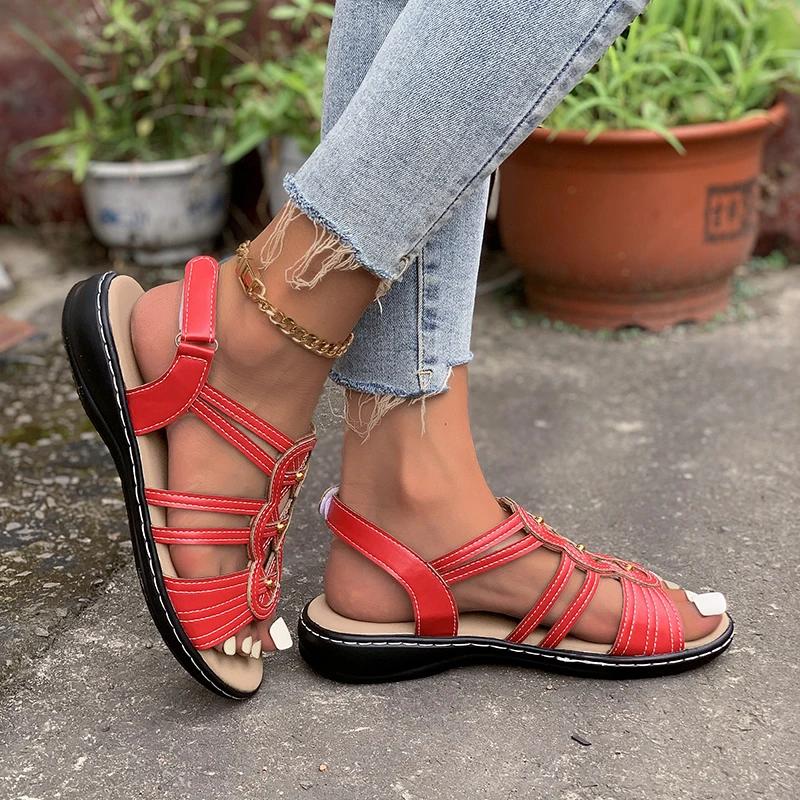 Large Size 43 Women New Flat Casual Open Toe Beach Sandals 2024 Women\'s Low Heel Shoes Wedges Woman Summer Footwear Red