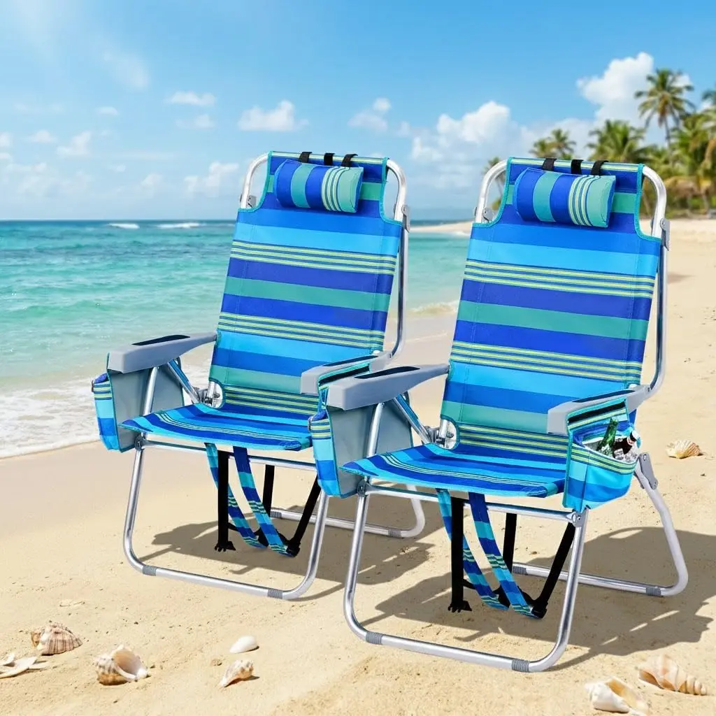 Tall Beach Chairs For Adults 2 Pack Lightweight Backpack Beach Chair Set With 5 Position Lay Flat Recliner Cooler Bag Towel Bar Cup Holder For Camping Lawn Pool Travel Blue