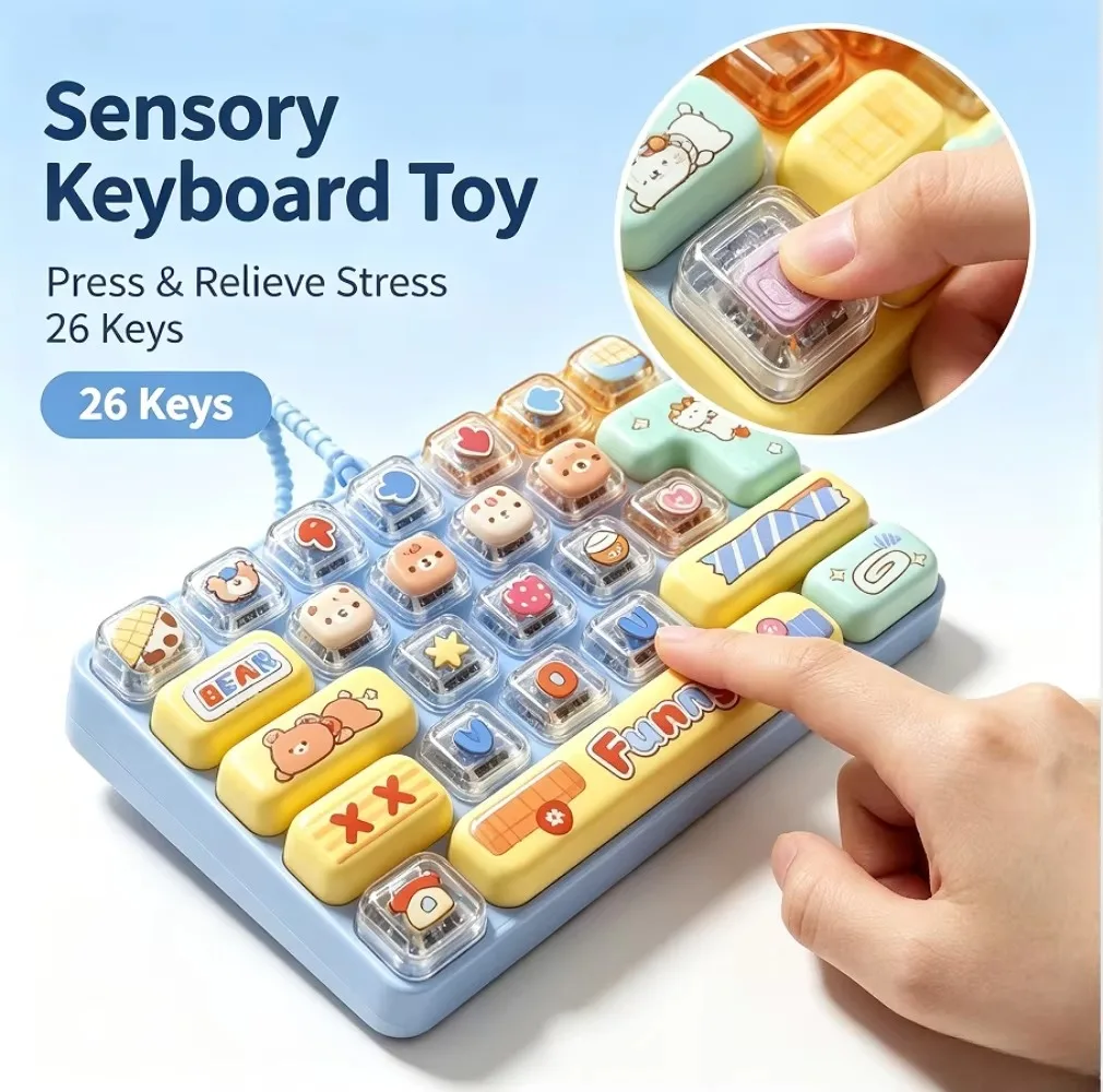 Cute Macaron Color 26 Keys Fidget Clicker Keychain, Stress Relief Mini Keyboard Toy,Portable Bag Pendant Fingertip Sensory Toy