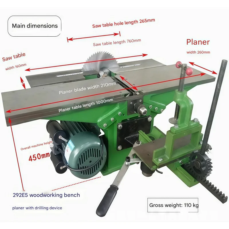 Multifunctional Automatic 3750Rpm Speed Woodworking Tool Horizontal Three-in-One Planer Table Saw Band Saw 220V Spindle