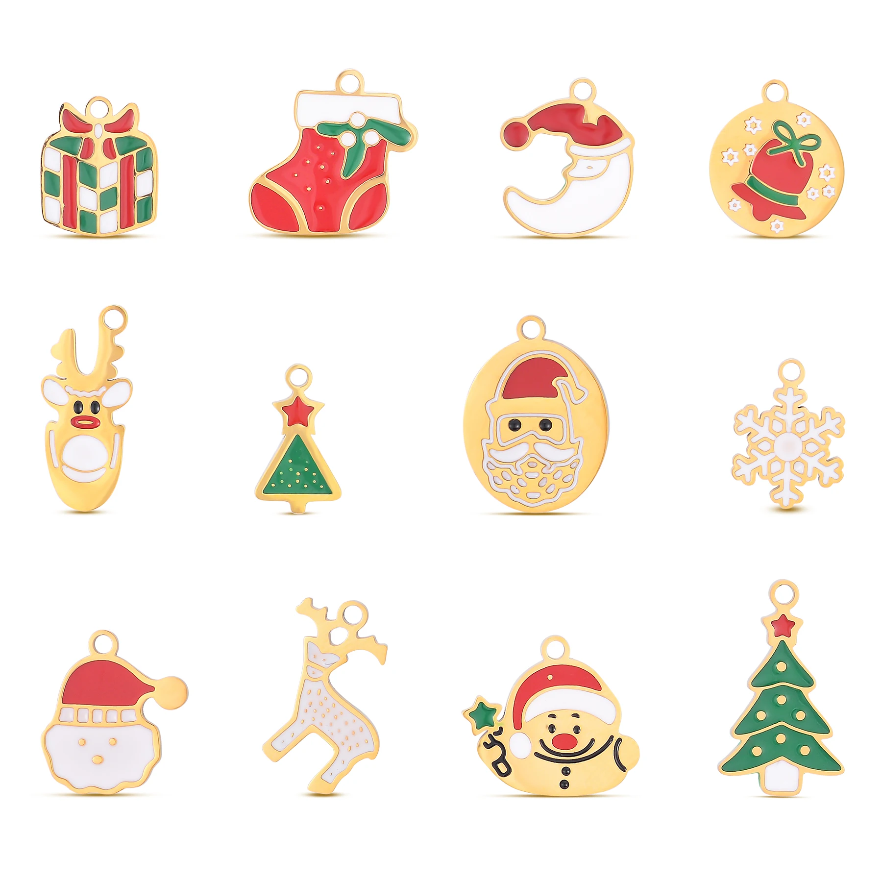 10Pcs Enamel Cartoon Christmas Snowman Santa Claus Tree Elk Gift Stainless Steel Pendant Ornaments DIY Bracelet Necklace