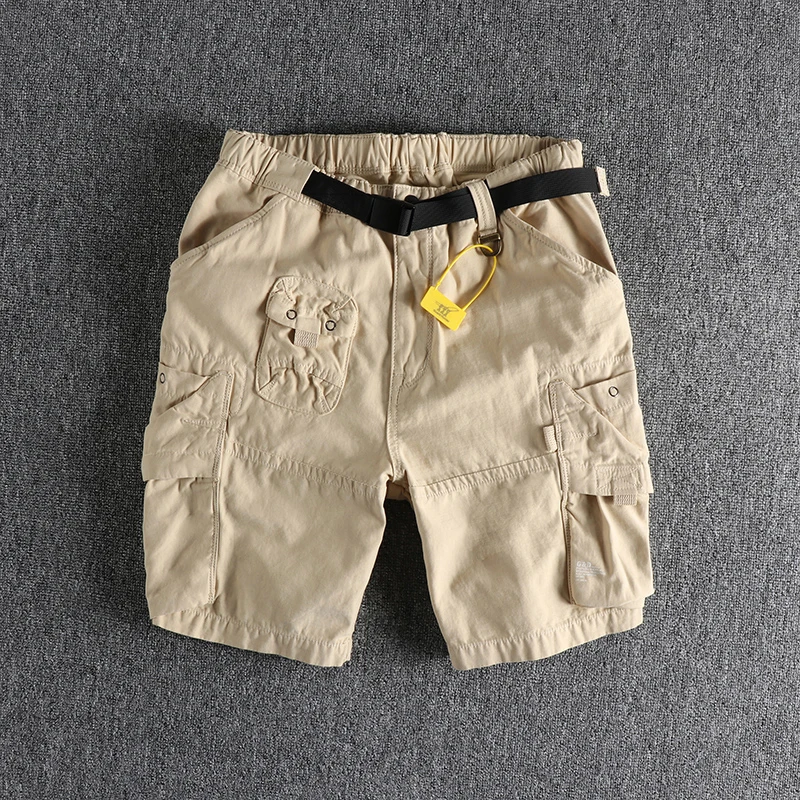 Summer New American Retro Cityboy Outdoor Cargo Shorts Men's Pure Cotton Washed Casual Multi-pocket 5-point Trousers with Belt
