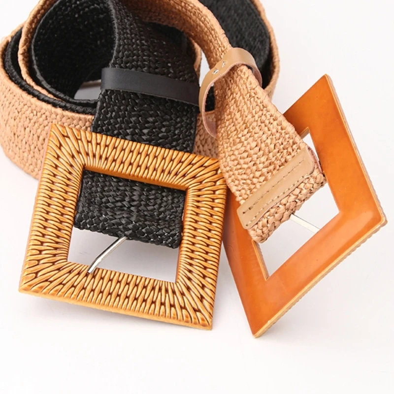 Adjustable Buckle Waist Belt Women Elastic Weaving Belt Wide Waistband for Woman Girls Colorful Straw Vintage Waist Belt