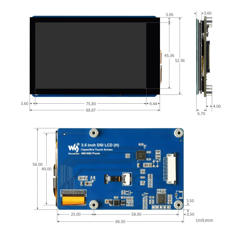 SKU-33087 3.5inch LCD H Waveshare 3.5inch DSI Capacitive , 5-Point Touch, 480 × 800 Pixels, IPS Display Panel