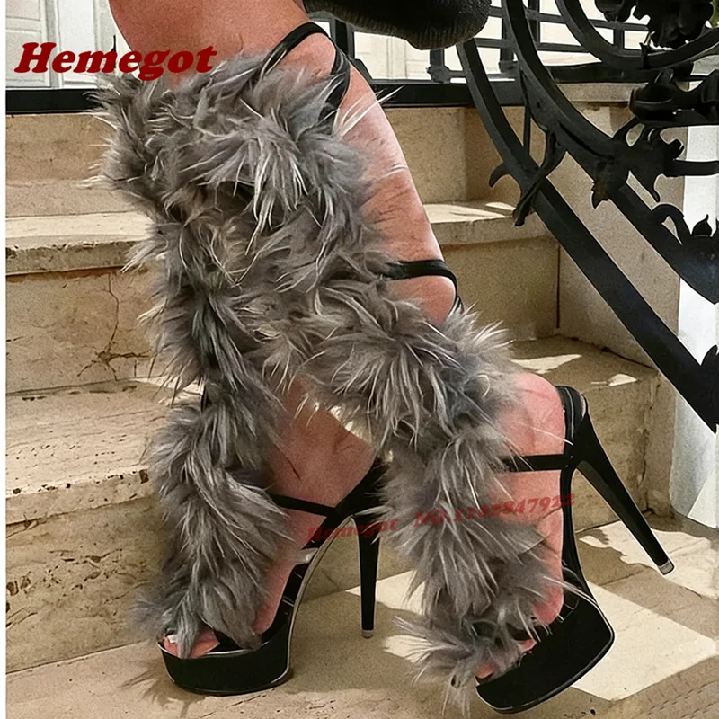 

Grey Fluffy Fur Strappy Splicing Sandals Open Toe Platform Stiletto Heels Cross Strap Women's Gladiator Sandals Lace-Up Shoes