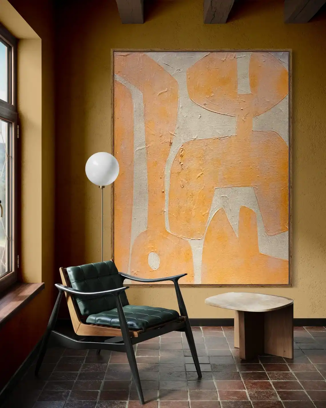 Large Abstract Textured Handmade Painting Mustard Yellow Abstract Painting Mid Century Modern Wall Art Beige Painting Home Ar