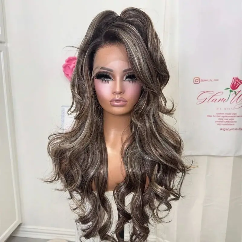 Glueless Hairline Ombre Ash Brown Highlights Synthetic Lace Front Wig Original Factory Cheap Wigs Party Daily Cosplay Wig 26''
