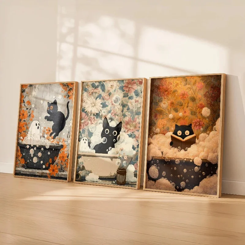 Ghosts Black Cats in The Bathtub Canvas Print Weird Bubble Halloween Art Posters for Living Room Bathroom Autumn Home Decor Gift
