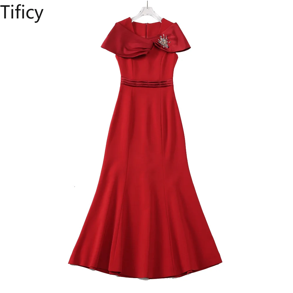 Celebrity temperament 2024 spring summer new women's fashion shawl collar short sleeve with corsage dress fishtail dress