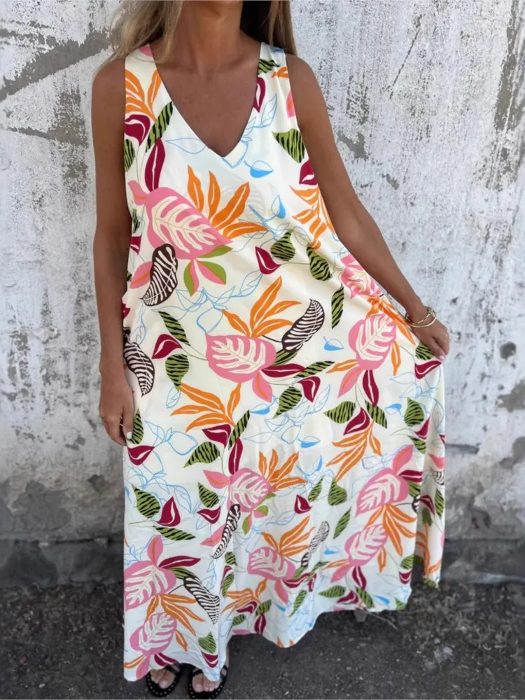 Damska letnia sukienka bez rękawów z nadrukiem bez rękawów z dekoltem w szpic Wygodne sukienki plażowe Boho na wakacje