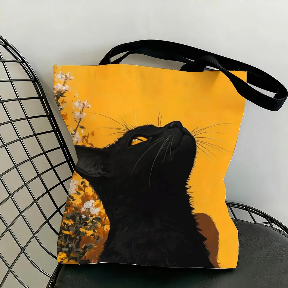 Black Cat Storage Bags Lightweight Canvas Tote Bag Large Capacity Shoulder Shopper Fashion Eco Multi-Purpose Handbag