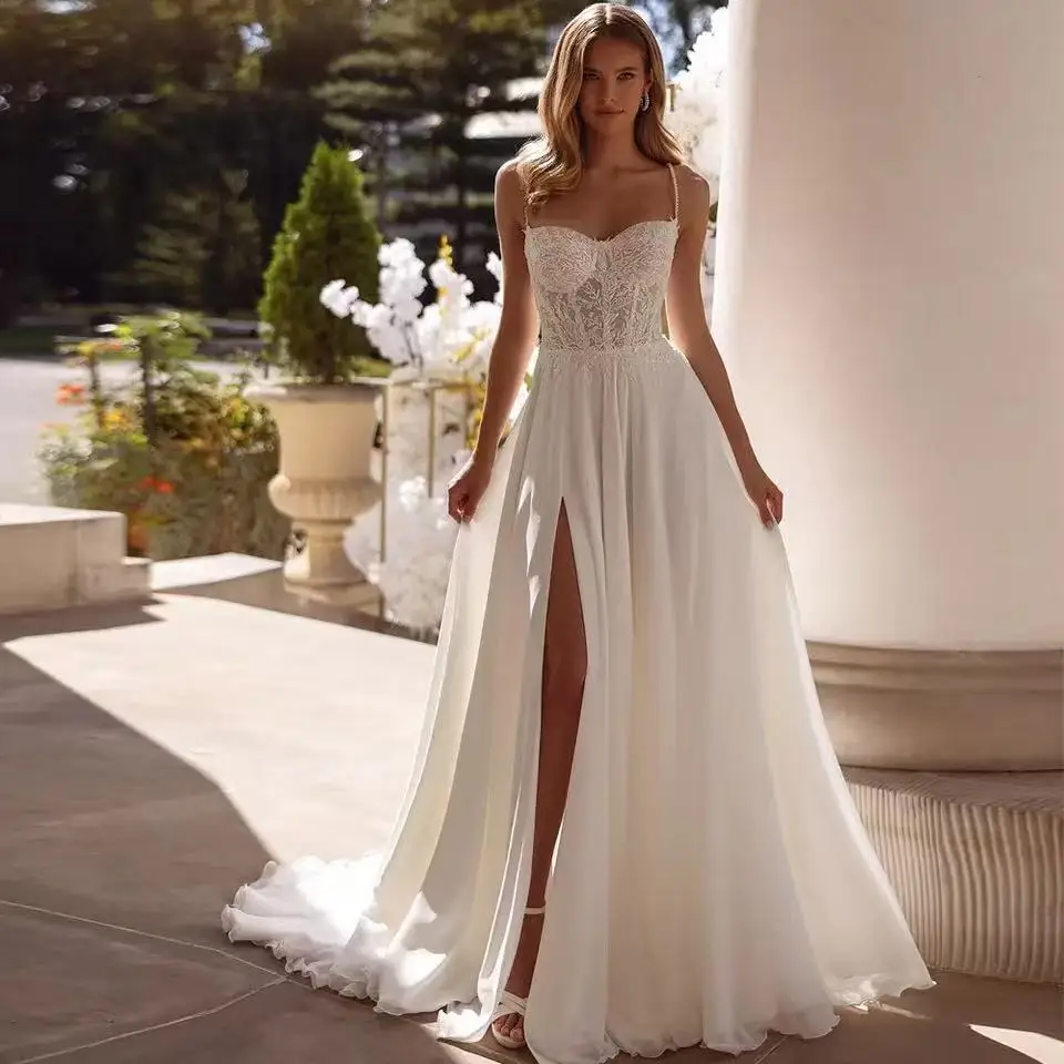 

Customized Spaghetti Straps Wedding Dresses A Line Sweetheart Neck Bridal Growns Applique Lace Sequined Slit Vestido de novia