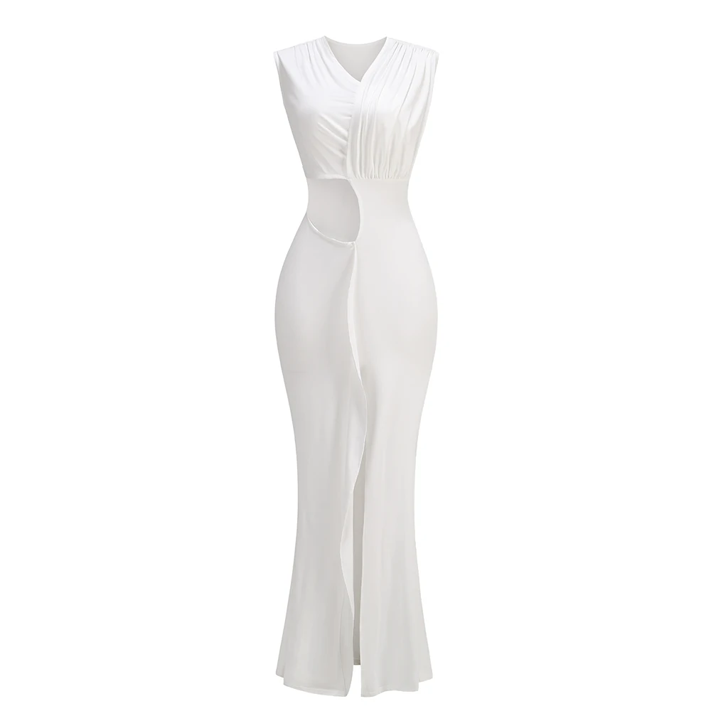 

Women Fashion Waist Hollow Out Slit V-Neck Sleeveless Folds Irregular Buttock Floor-Length Dress Luxurious Style Evening Dress