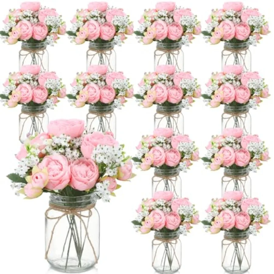 

12 Sets Mason Jar Centerpiece Table Decorations, Artificial Peony Baby's Breath Flower Bouquets, Faux Flowers with Vase, Rustic
