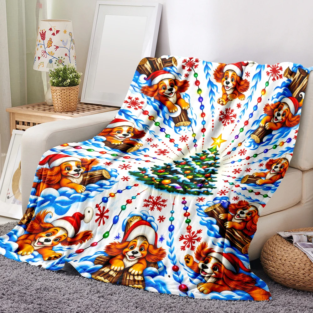 1PC Christmas Puppy and Tree Print Blanket-Made of soft, fluffy flannel, perfect for a sofa, bed or lounge chair. Ideal for Chri