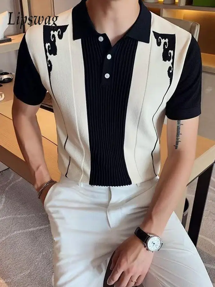 Luxury Slim Polo Shirts Mens Knitting Short Sleeve Button-up Lapel Polo Shirt Summer Vintage Crochet Polo Collar Knit Shirts