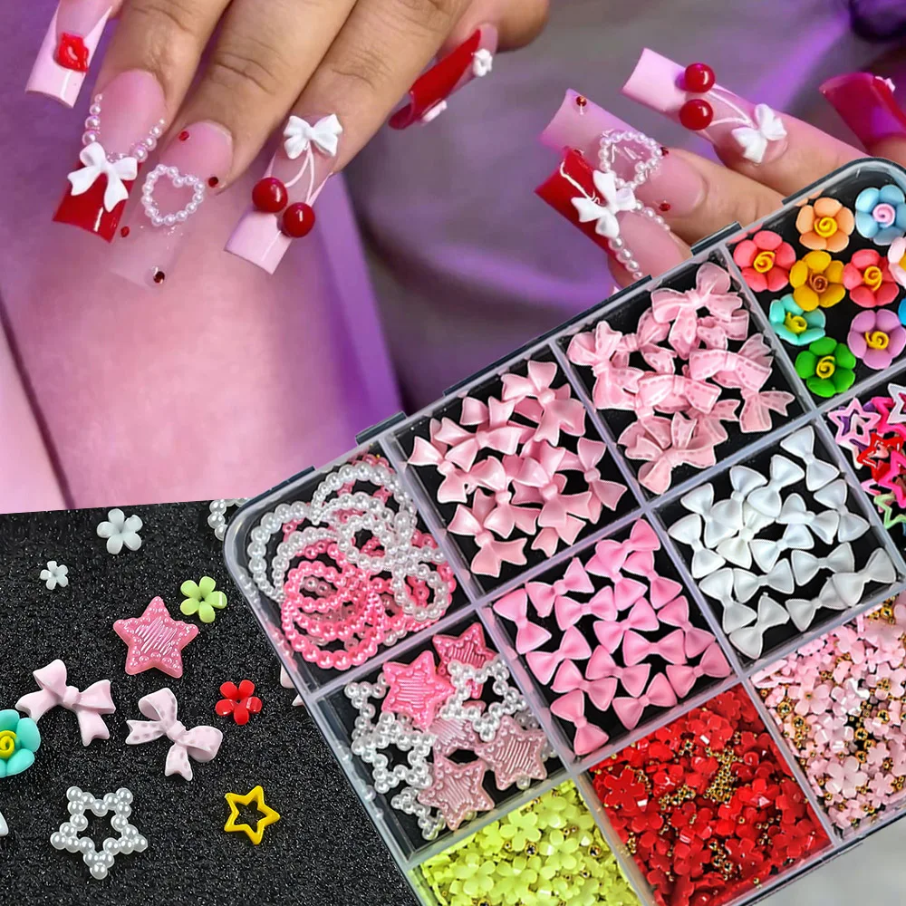 Y2K Resin Bow Star Nail Art Charms 12Grids 3D Kawaii Flower Pearl Moon Heart Rhinestone Nail Decoration Multicolor Nail Supplies
