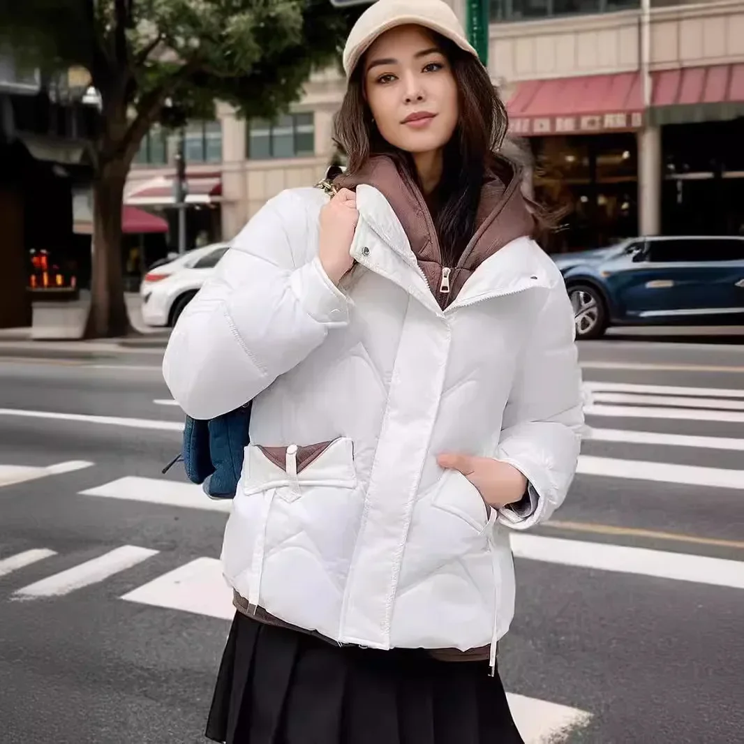 2025 New Winter Women's Short Jacket Female Contrast Fake Two Pieces Parkas Coats Women's Thicken Warm Cotton Jacket Tops