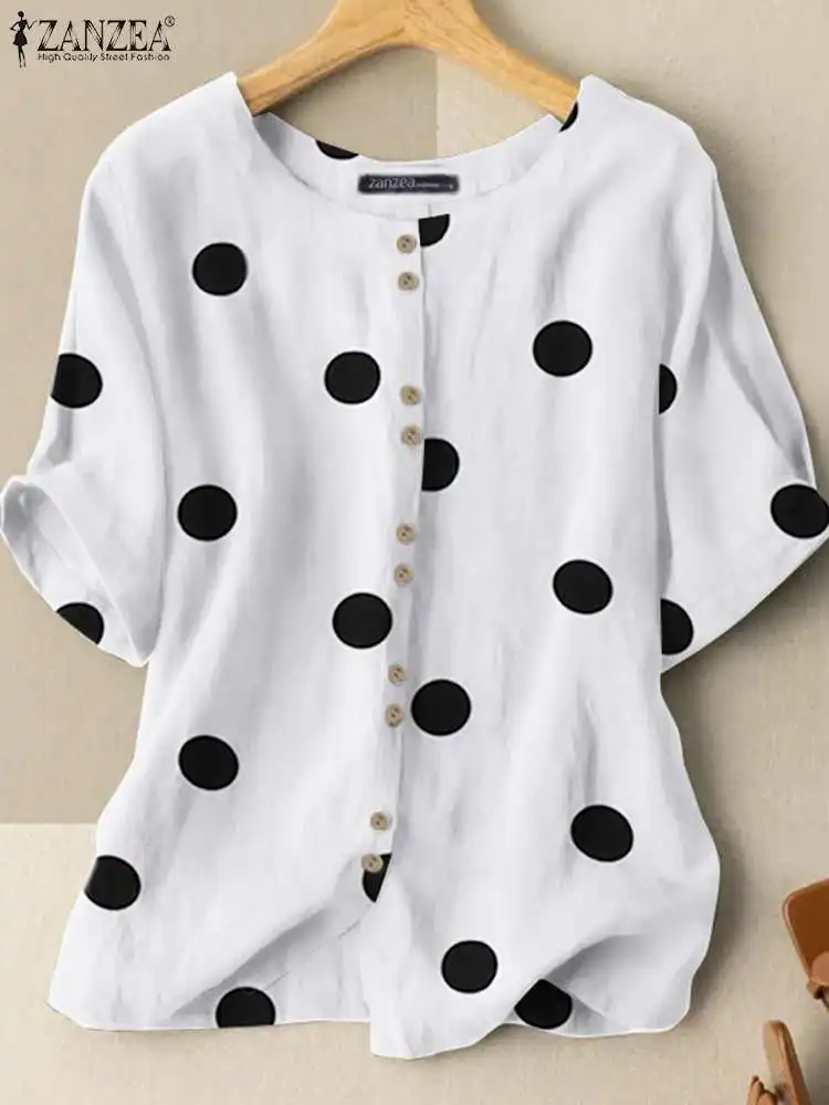 ZANZEA Fashion Women Polka Dot Printed Blouse Summer Shirt Elegant Short Sleeve Buttons Down Blusas OL Work Tops Tunic Mujer