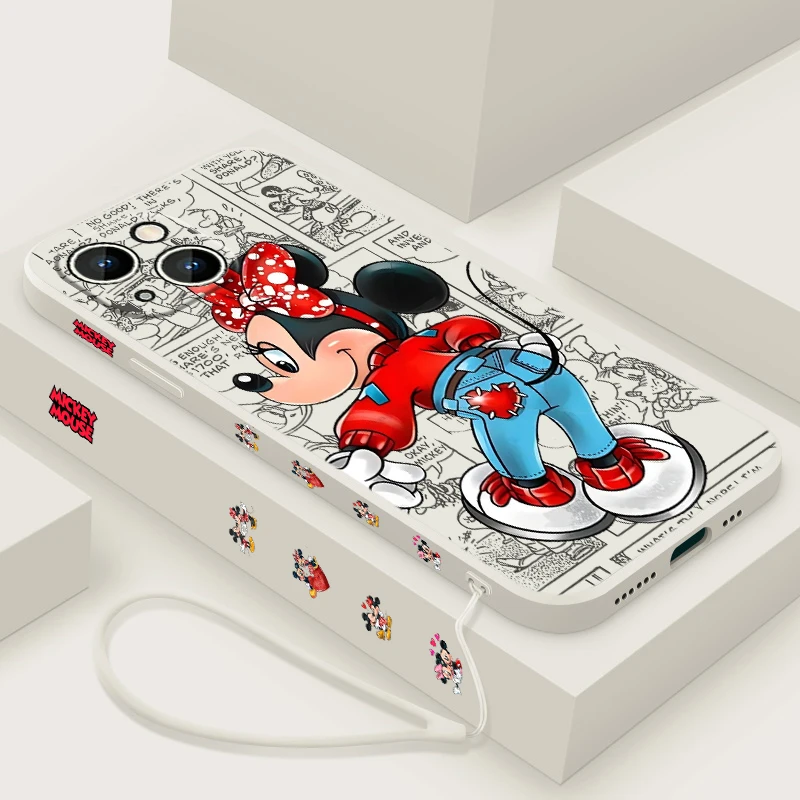 Disney Mickey Mouse Couple Phone Case For iPhone 16 15 14 13 12 11 8 7 Mini Pro Max Plus Liquid Left Rope Cover Funda Soft Capa