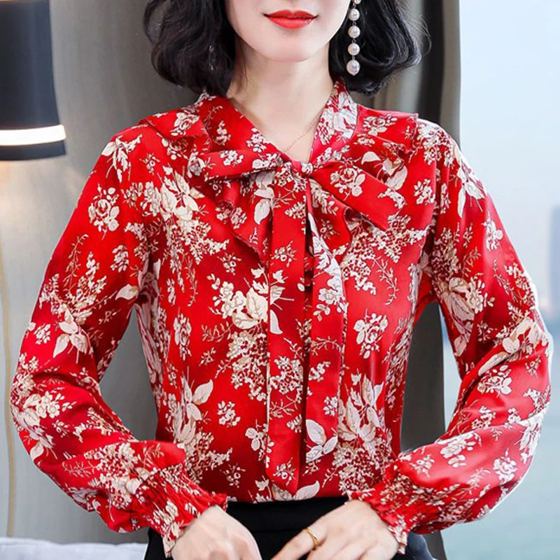 Women Vintage Floral Print Bow Lace Up Blouse Spring Autumn Elegant Fashion Chiffon Shirts Casual V Neck Long Sleeve Tops Female